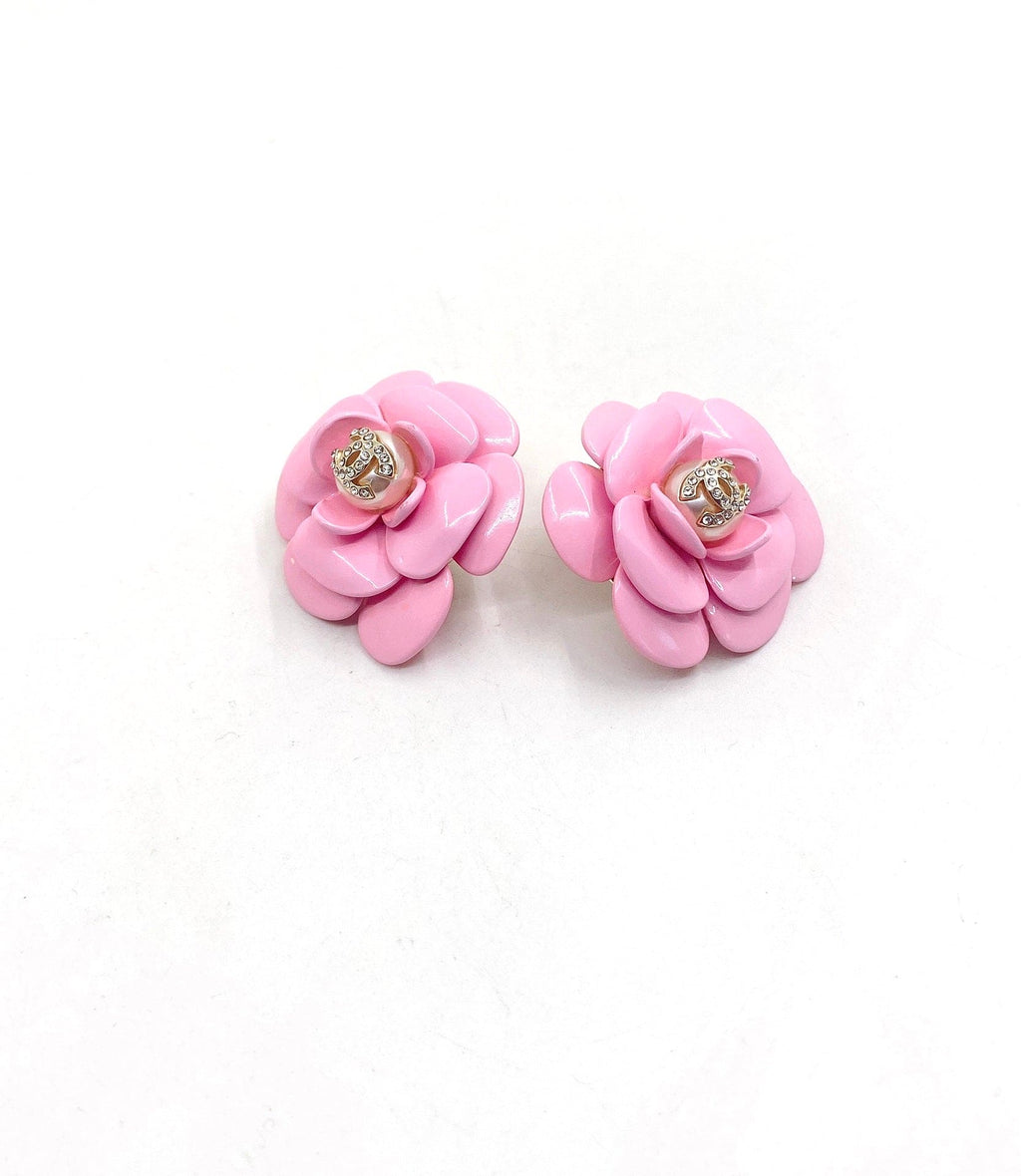 18K  Chanel Pink Camellia Resin Earrings