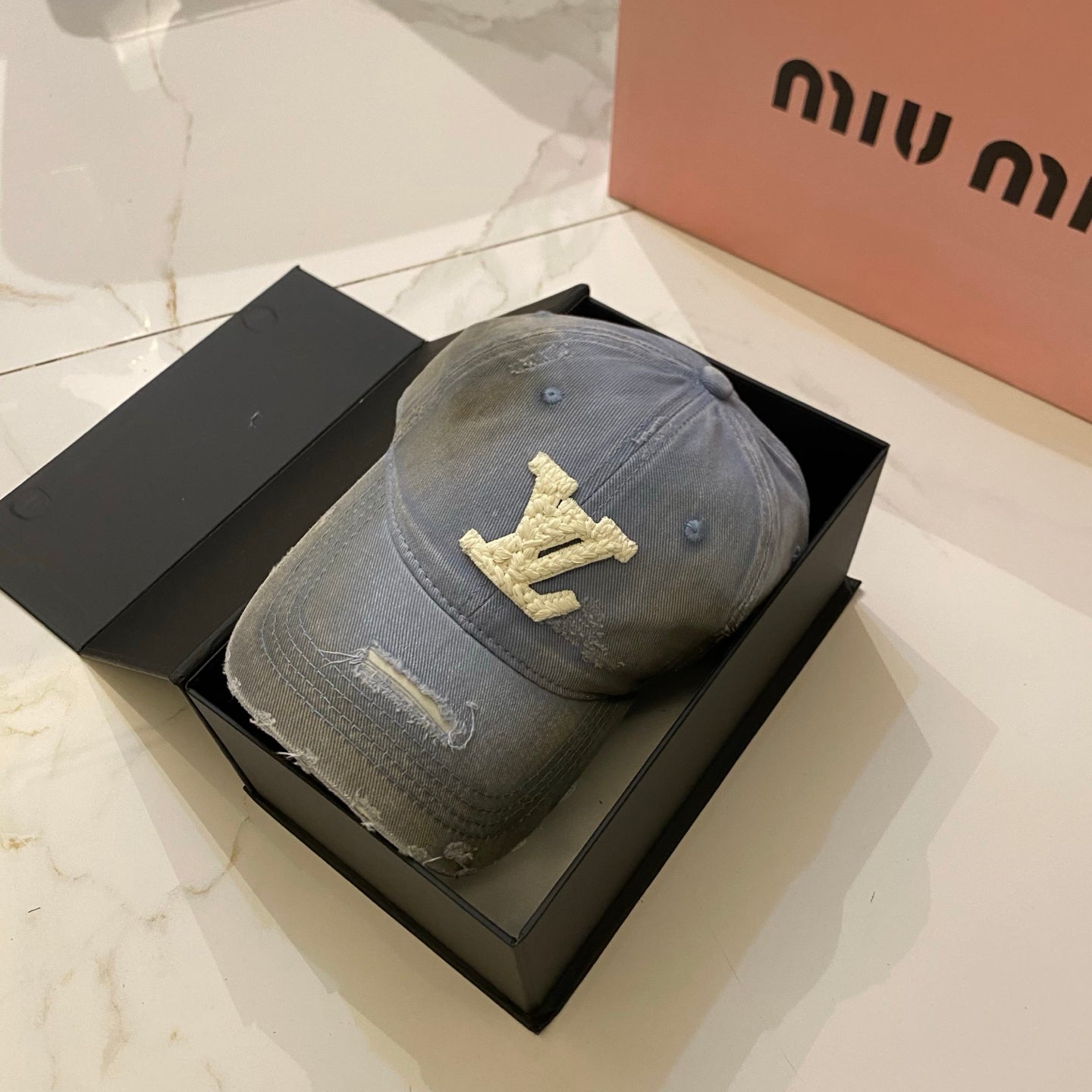 LV Baseball Cap with Distressed Craft and Woven Logo